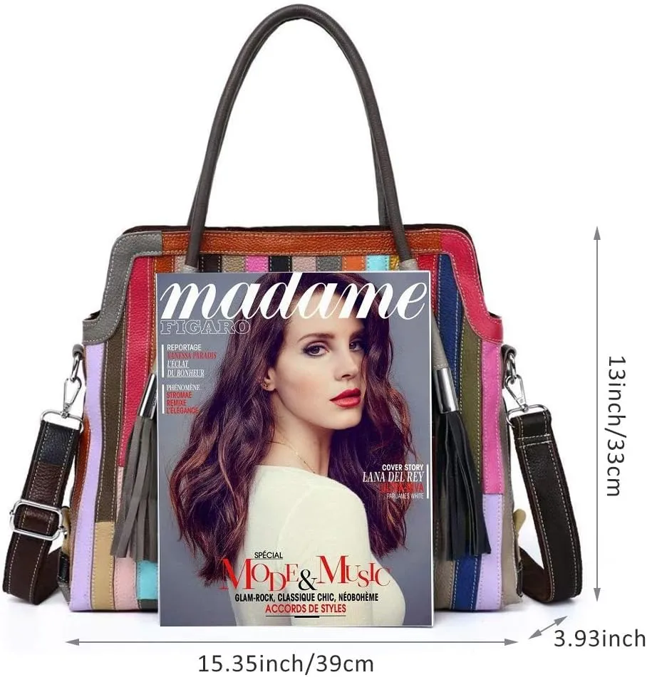 Women's Multicolor Big Boston Bag Genuine Leather RANDOM Colorful Patchwork Large Tote Handbag Hobo Crossbody Purses