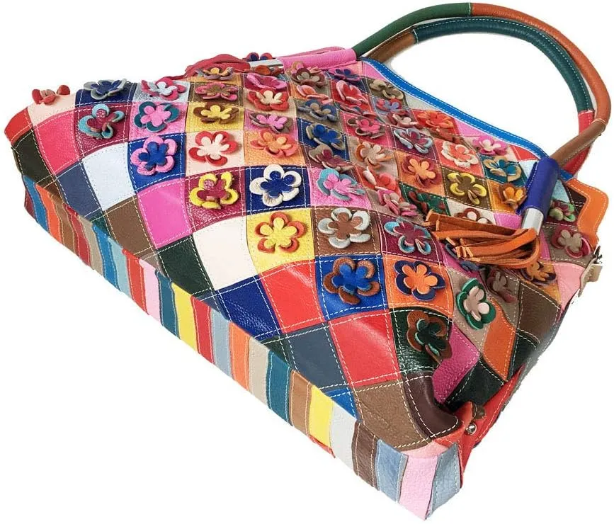 Women's Multicolor Big Boston Bag Genuine Leather RANDOM Colorful Patchwork Large Tote Handbag Hobo Crossbody Purses