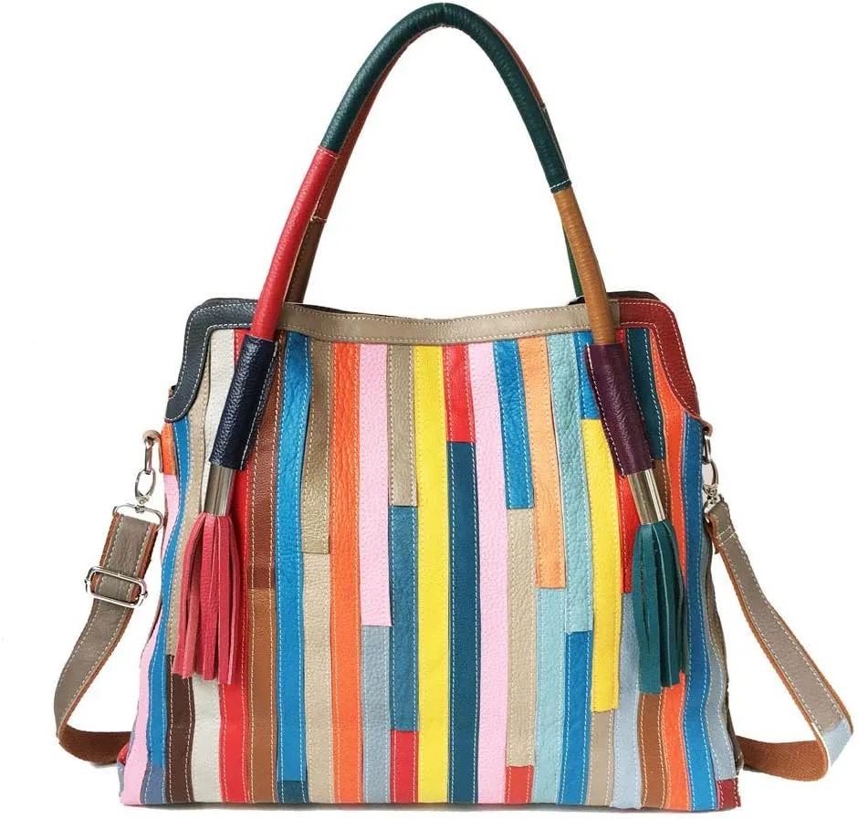 Women's Multicolor Big Boston Bag Genuine Leather RANDOM Colorful Patchwork Large Tote Handbag Hobo Crossbody Purses