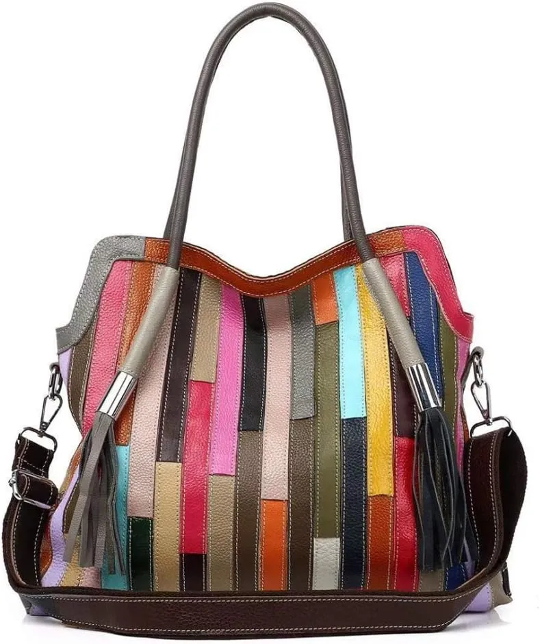Women's Multicolor Big Boston Bag Genuine Leather RANDOM Colorful Patchwork Large Tote Handbag Hobo Crossbody Purses