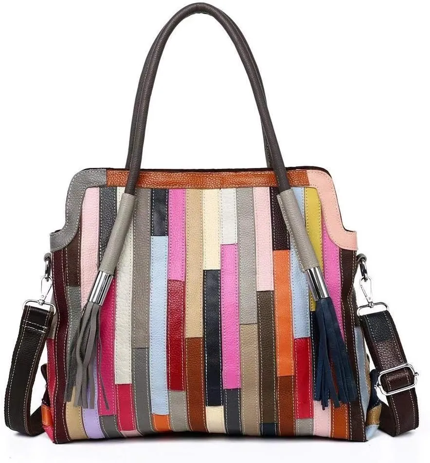 Women's Multicolor Big Boston Bag Genuine Leather RANDOM Colorful Patchwork Large Tote Handbag Hobo Crossbody Purses