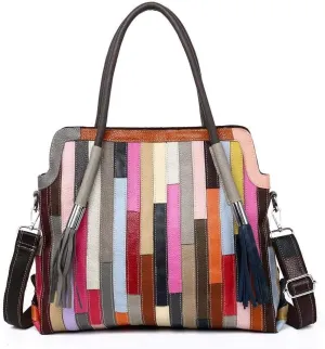 Women's Multicolor Big Boston Bag Genuine Leather RANDOM Colorful Patchwork Large Tote Handbag Hobo Crossbody Purses