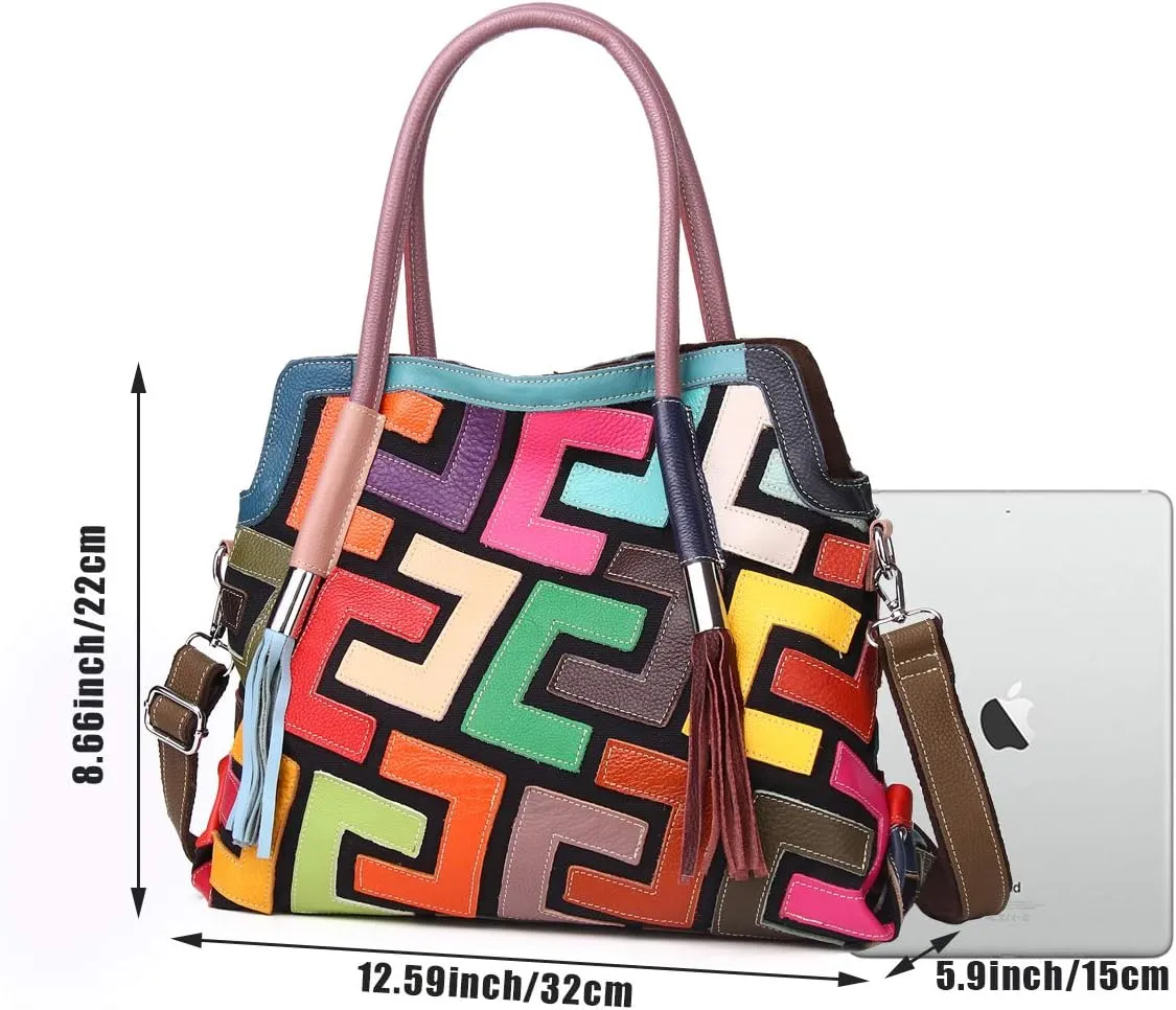 Women’s Multicolor Big Boston Genuine Leather RANDOM Colorful Patchwork Large Tote Handbag Hobo Crossbody Bag