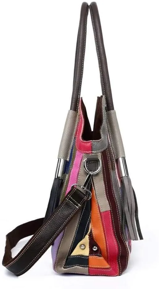 Women’s Multicolor Big Boston Genuine Leather RANDOM Colorful Patchwork Large Tote Handbag Hobo Crossbody Bag