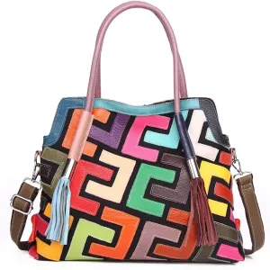 Women’s Multicolor Big Boston Genuine Leather RANDOM Colorful Patchwork Large Tote Handbag Hobo Crossbody Bag