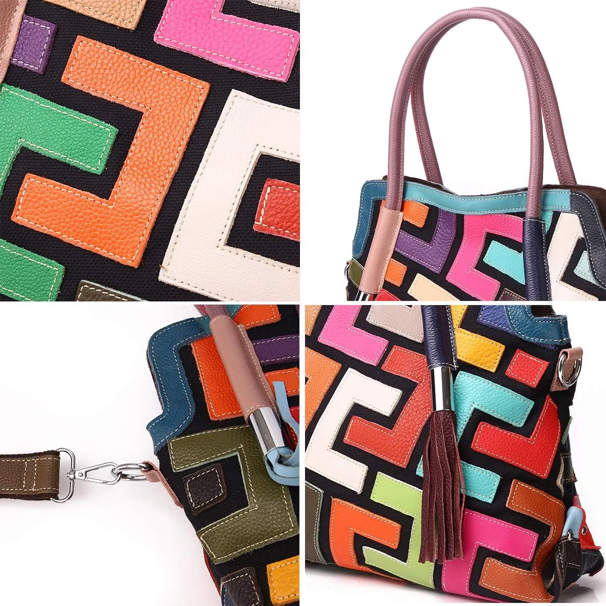Women’s Multicolor Big Boston Genuine Leather RANDOM Colorful Patchwork Large Tote Handbag Hobo Crossbody Bag