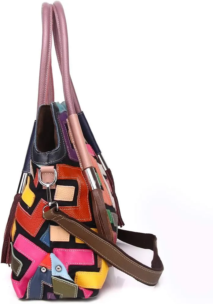 Women’s Multicolor Big Boston Genuine Leather RANDOM Colorful Patchwork Large Tote Handbag Hobo Crossbody Bag
