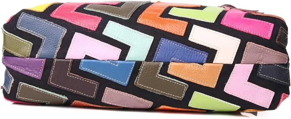 Women’s Multicolor Big Boston Genuine Leather RANDOM Colorful Patchwork Large Tote Handbag Hobo Crossbody Bag