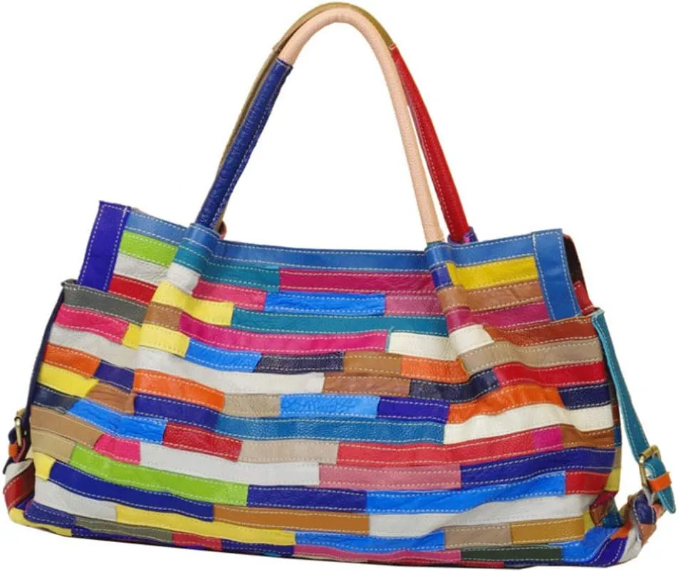 Women’s Multicolor Boston Bag Genuine Leather Colorful Patchwork Large Tote Handbag Hobo Purse Crossbody Big Bag