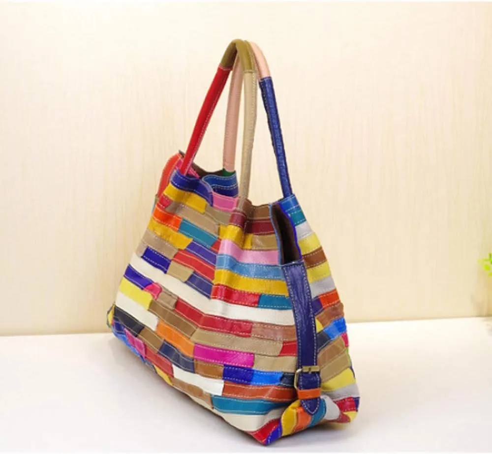 Women’s Multicolor Boston Bag Genuine Leather Colorful Patchwork Large Tote Handbag Hobo Purse Crossbody Big Bag