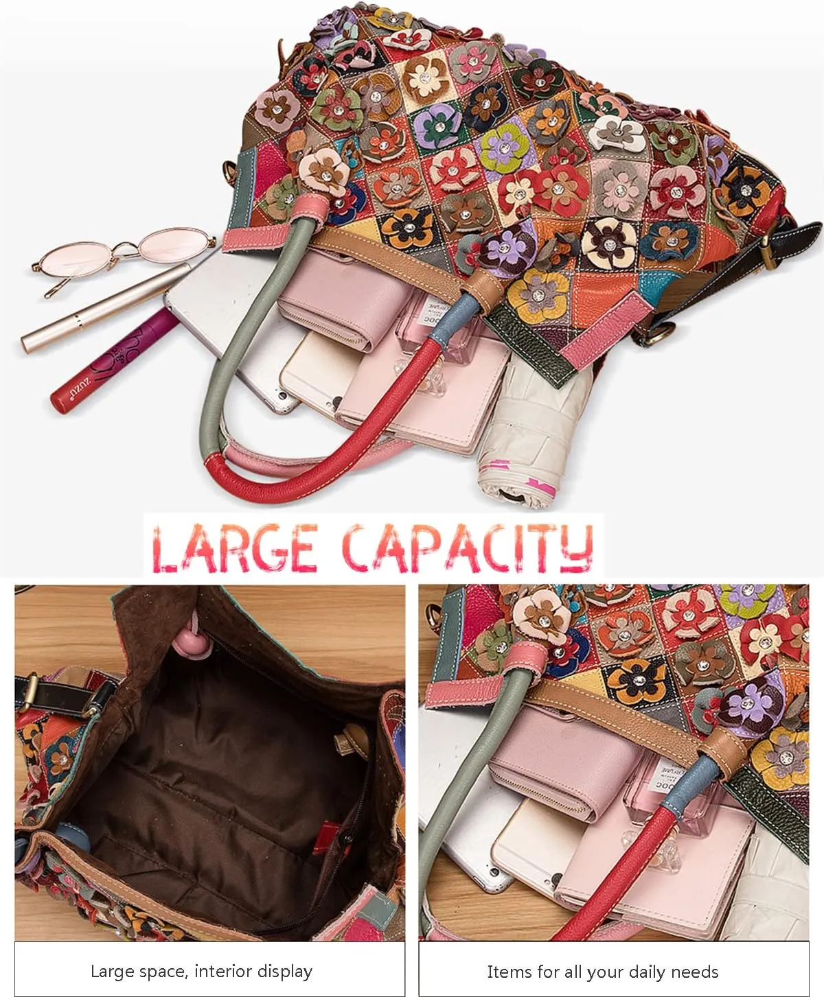 Women’s Multicolor Boston Bag Genuine Leather Colorful Patchwork Large Tote Handbag Hobo Purse Crossbody Big Bag