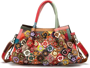Women’s Multicolor Boston Bag Genuine Leather Colorful Patchwork Large Tote Handbag Hobo Purse Crossbody Big Bag