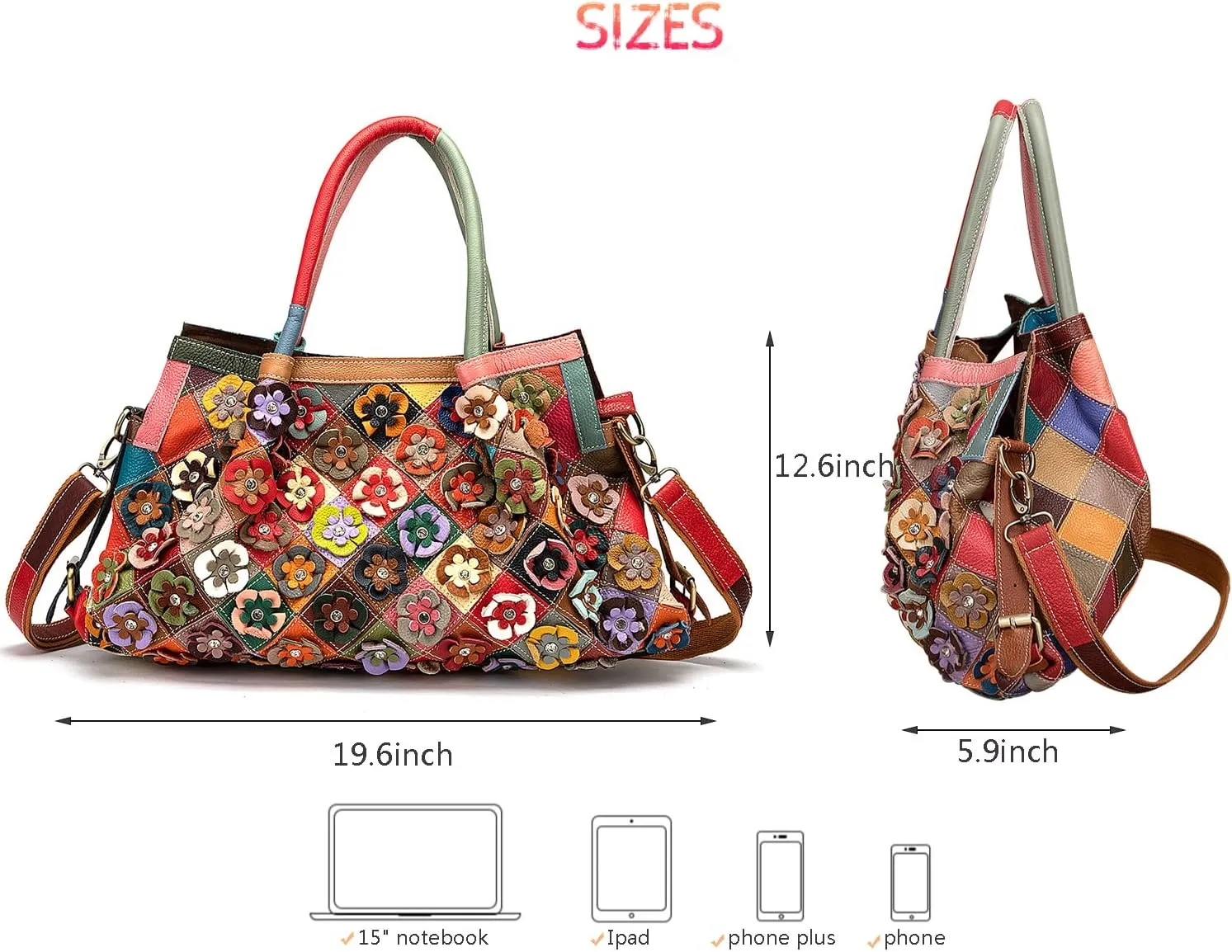 Women’s Multicolor Boston Bag Genuine Leather Colorful Patchwork Large Tote Handbag Hobo Purse Crossbody Big Bag