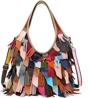 Women’s Multicolor Boston Genuine Leather Colorful Patchwork Large Tote Handbag Hobo Purse Crossbody Big