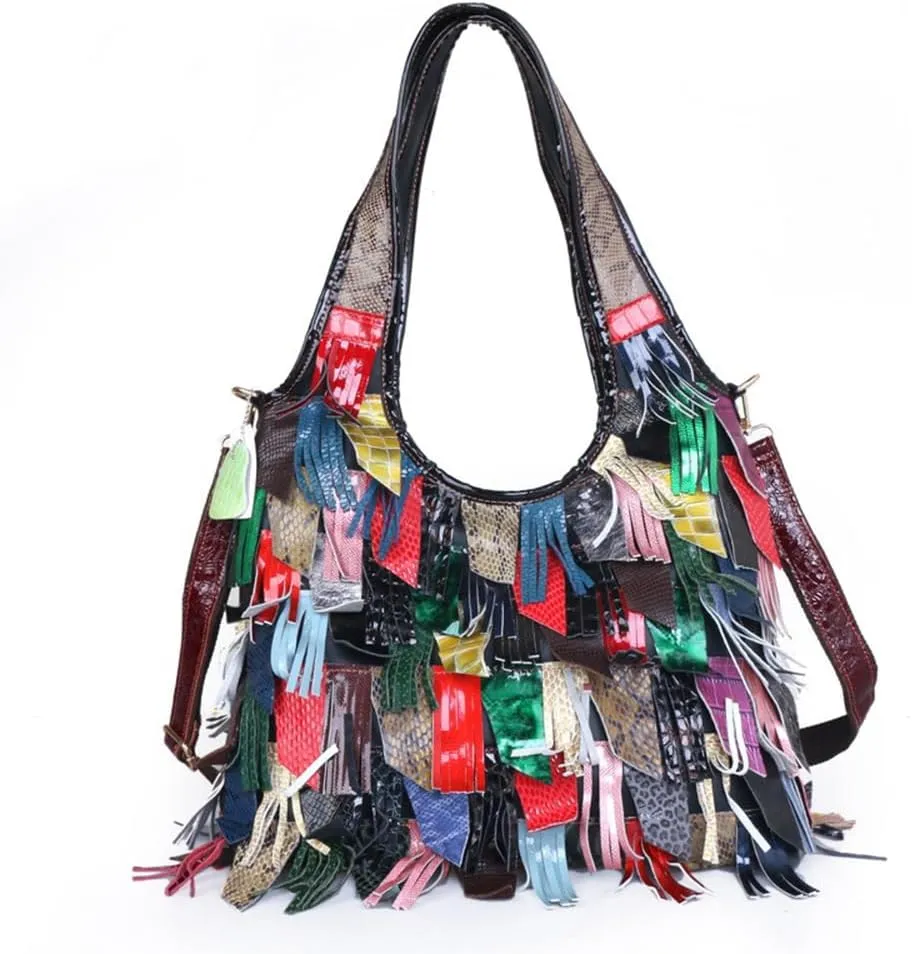 Women’s Multicolor Boston Genuine Leather Colorful Patchwork Large Tote Handbag Hobo Purse Crossbody Big