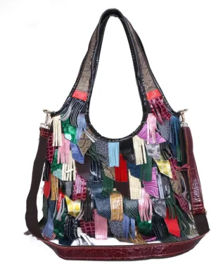 Women’s Multicolor Boston Genuine Leather Colorful Patchwork Large Tote Handbag Hobo Purse Crossbody Big