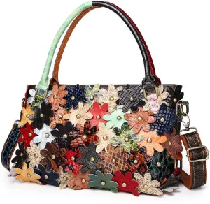 Women's Multicolor Flower Handbag Leather Random Splicing Shoulder Purse Satchel