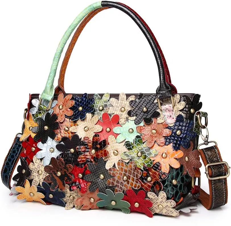 Women's Multicolor Flower Handbag Leather Random Splicing Shoulder Purse Satchel