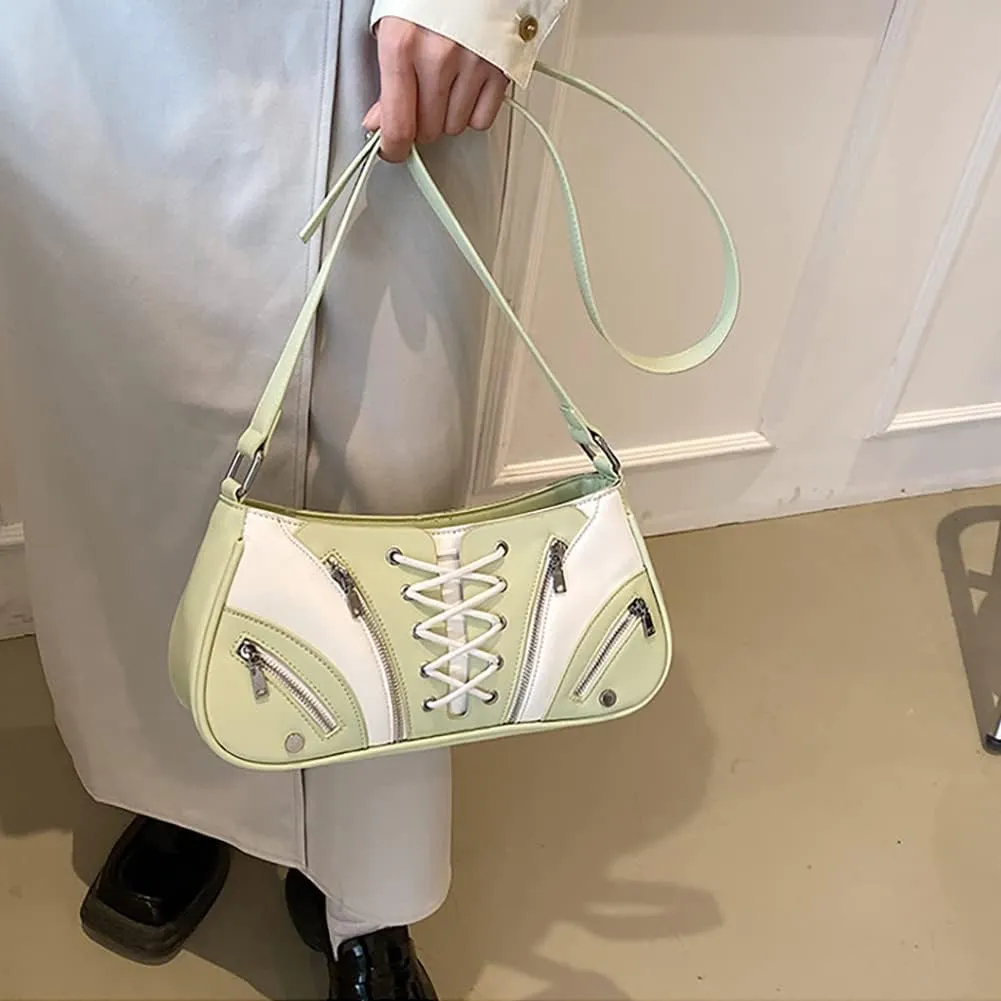 Women's Patchwork Color Riveted Crossbody Bag, PU Binding Locomotive Shoulder Bag, Quilted Large Capacity Street Tote Bag