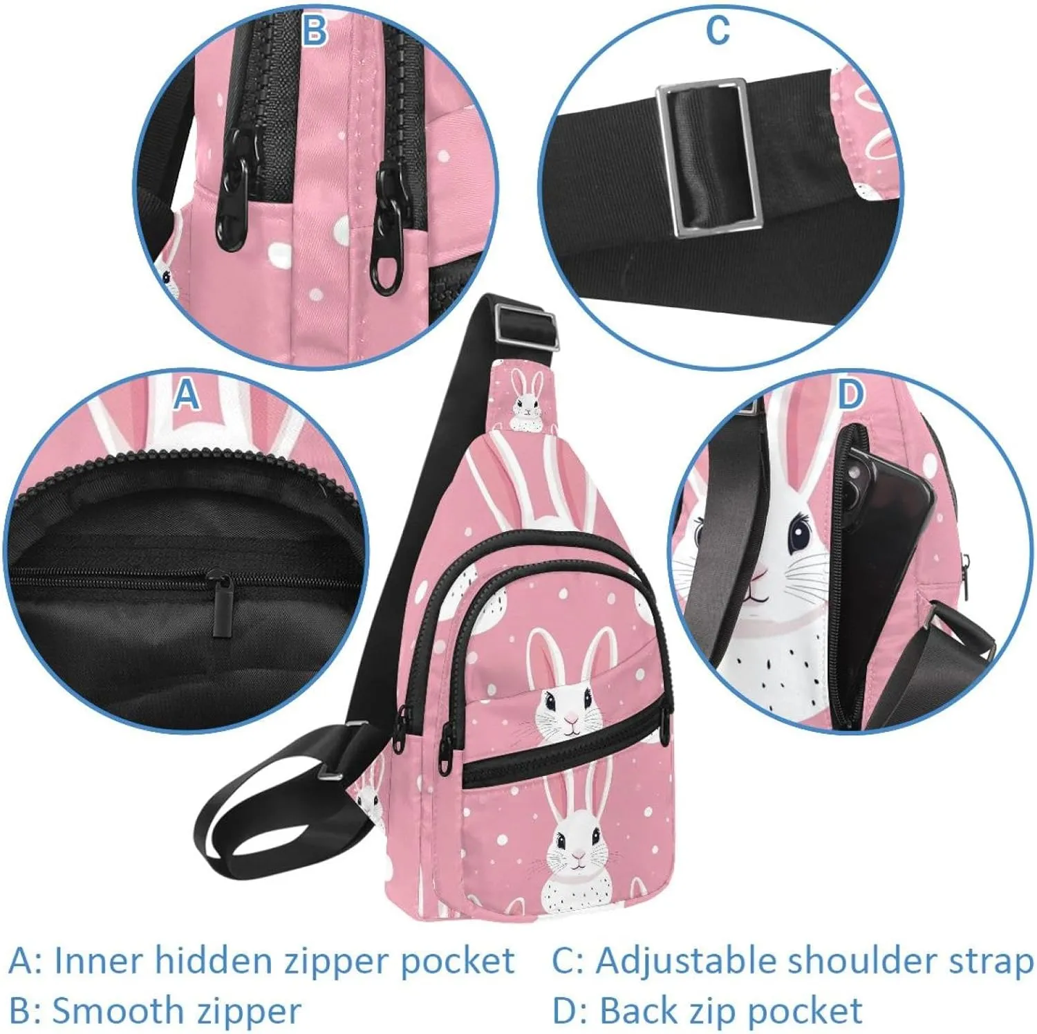 Women's Sling Backpack, rabbit head on pink background (3)