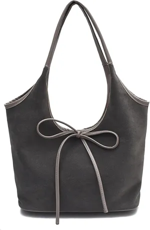 Women's Suede Bow Bucket Tote Bag Fashion Large capacity Handmade Splicing Shoulder Bag for Work travel Parties