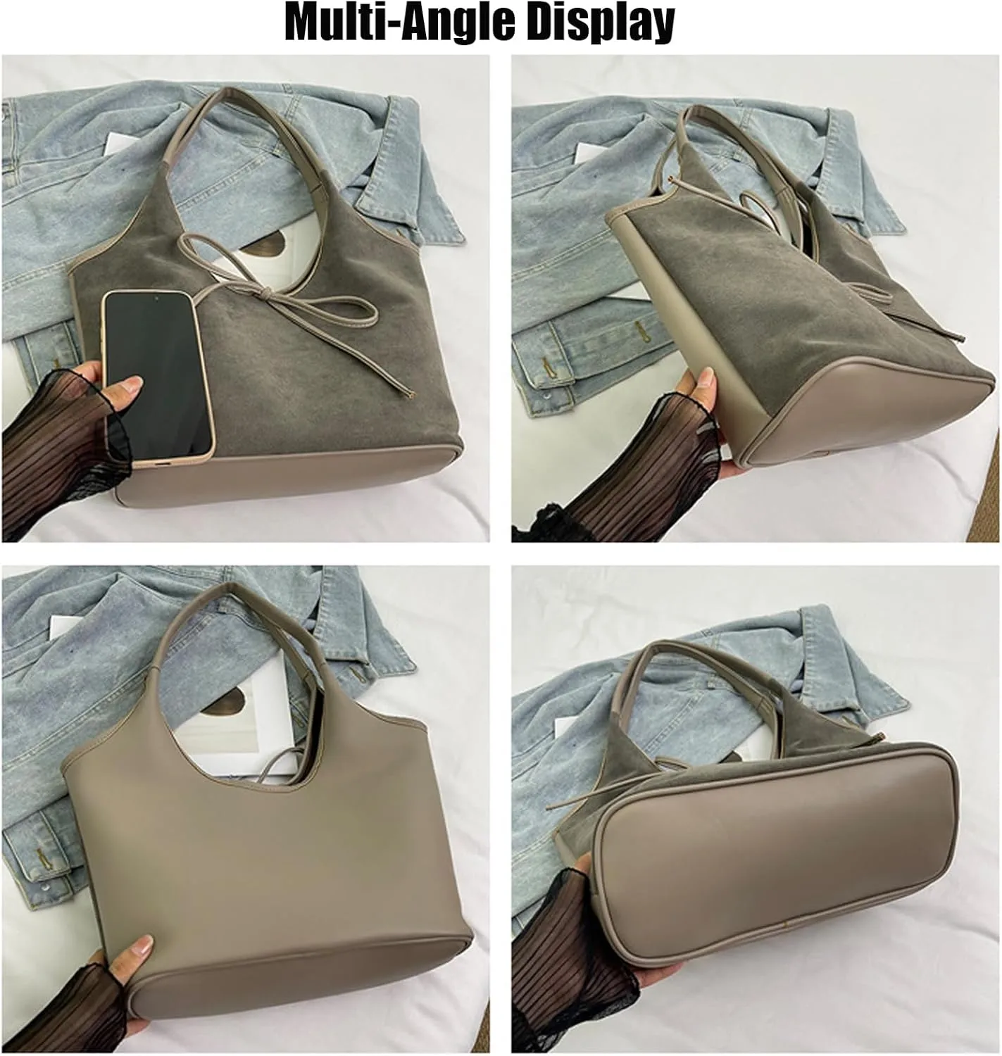 Women's Suede Bow Bucket Tote Bag Fashion Large capacity Handmade Splicing Shoulder Bag for Work travel Parties