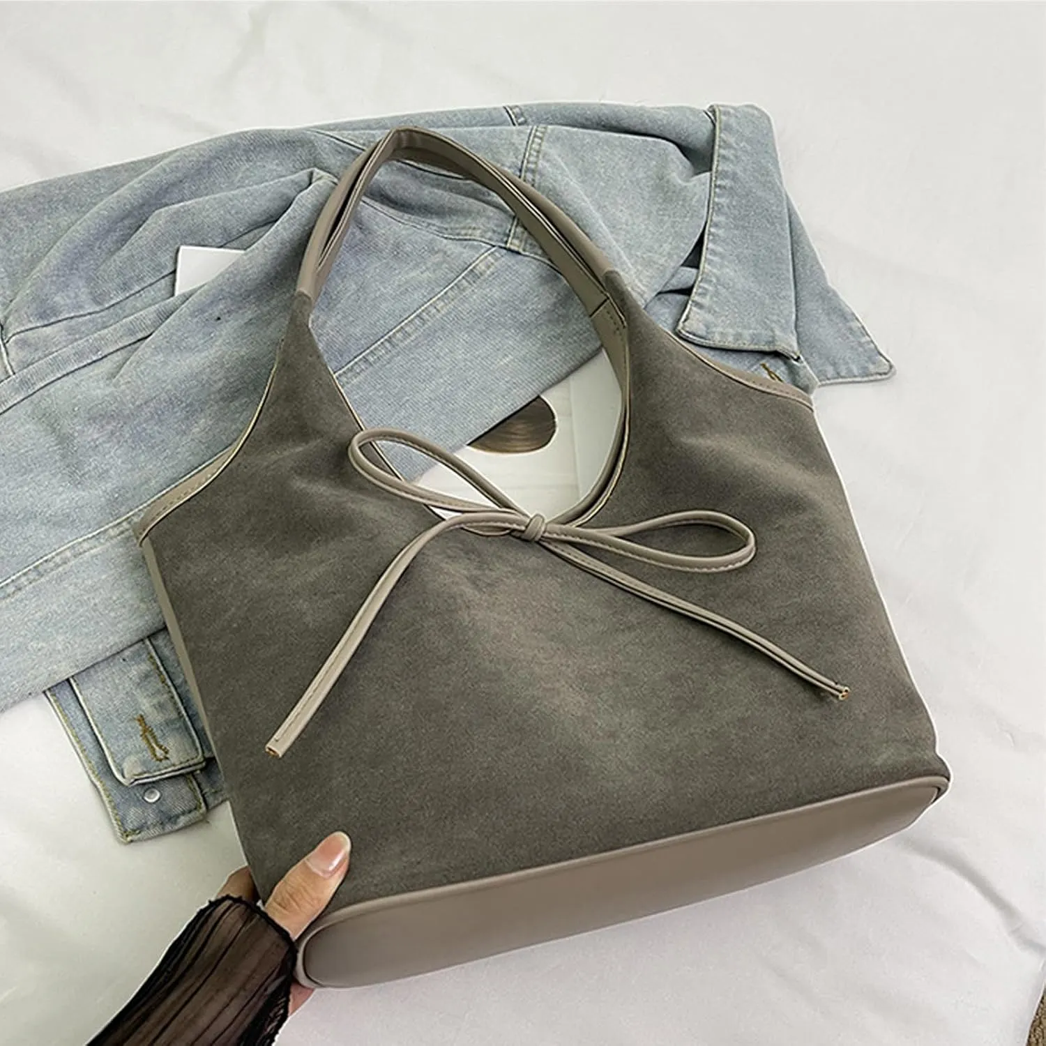 Women's Suede Bow Bucket Tote Bag Fashion Large capacity Handmade Splicing Shoulder Bag for Work travel Parties