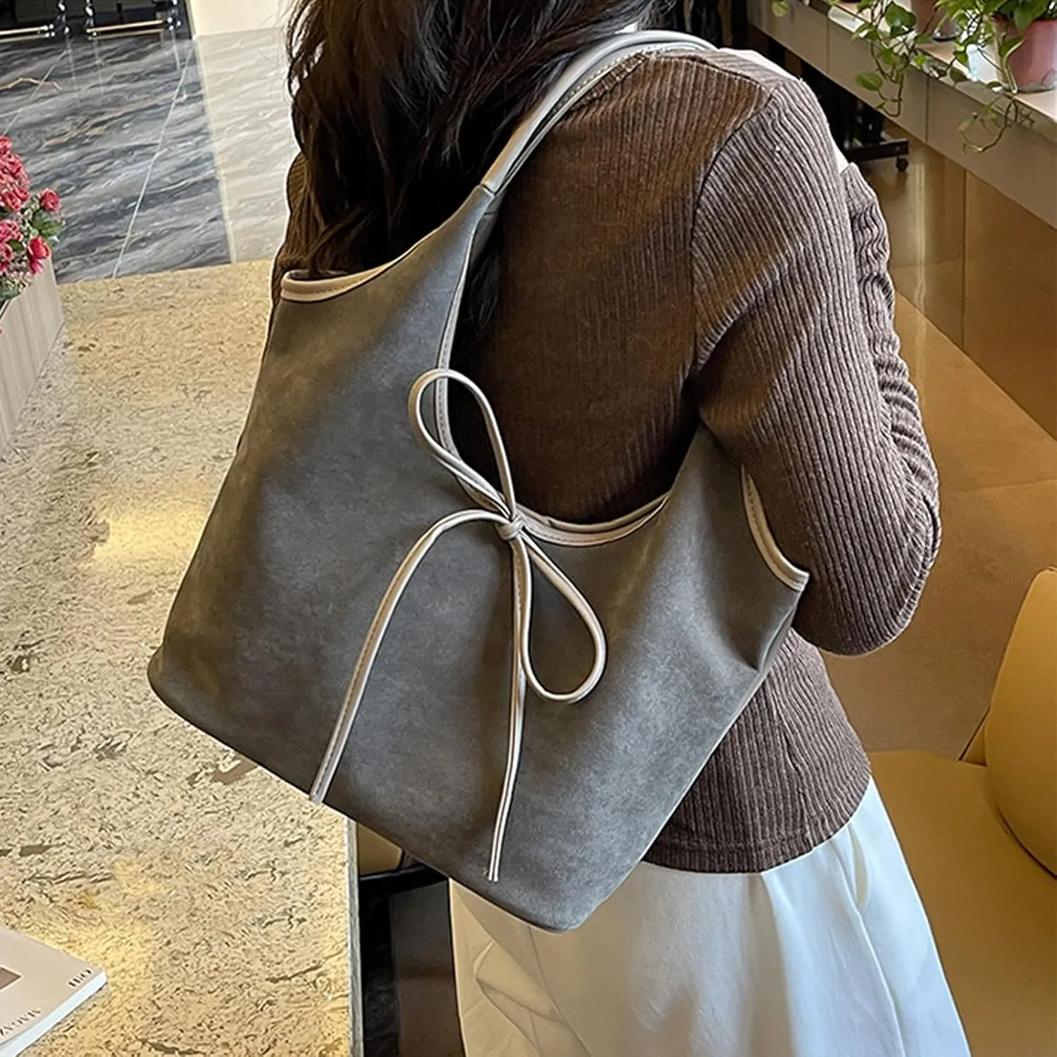 Women's Suede Bow Bucket Tote Bag Fashion Large capacity Handmade Splicing Shoulder Bag for Work travel Parties