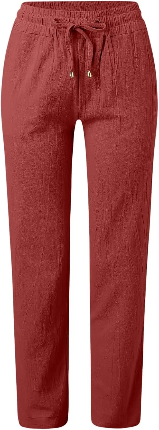 Women's Summer High Waisted Cotton Linen Palazzo Pants Wide Leg Long Ruched Workout Pant Trouser with Pocket