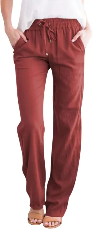 Women's Summer High Waisted Cotton Linen Palazzo Pants Wide Leg Long Ruched Workout Pant Trouser with Pocket