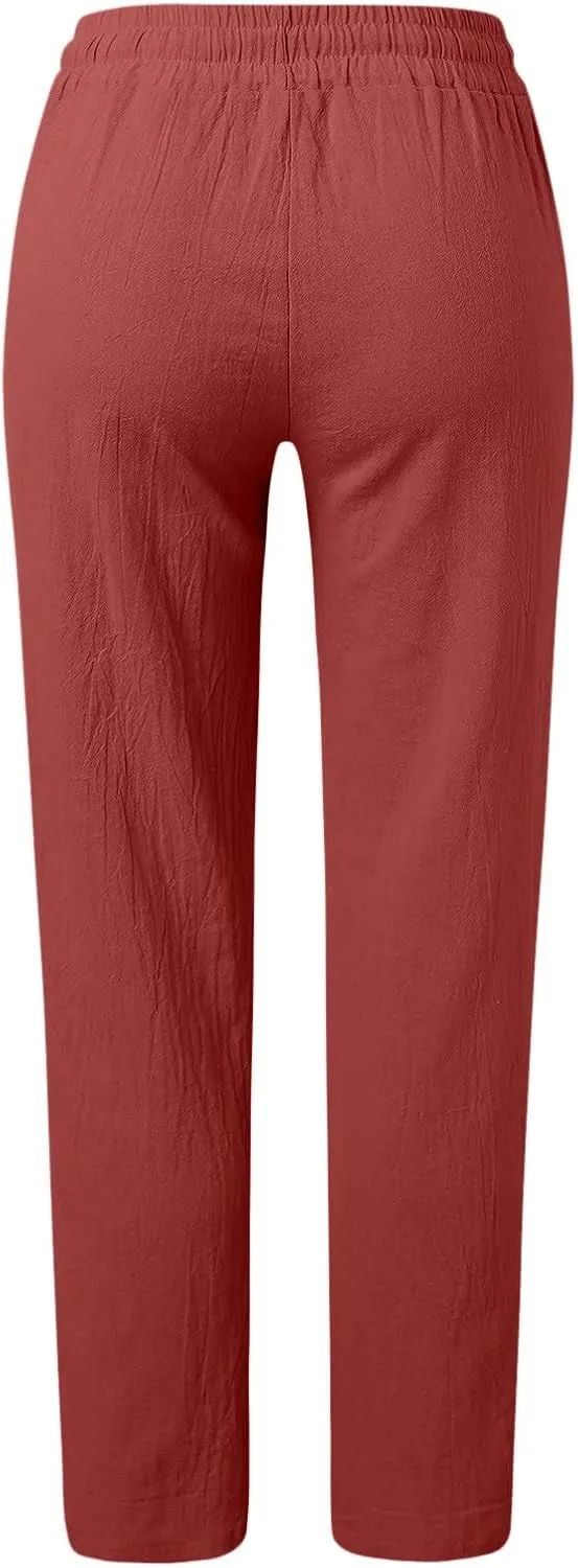 Women's Summer High Waisted Cotton Linen Palazzo Pants Wide Leg Long Ruched Workout Pant Trouser with Pocket