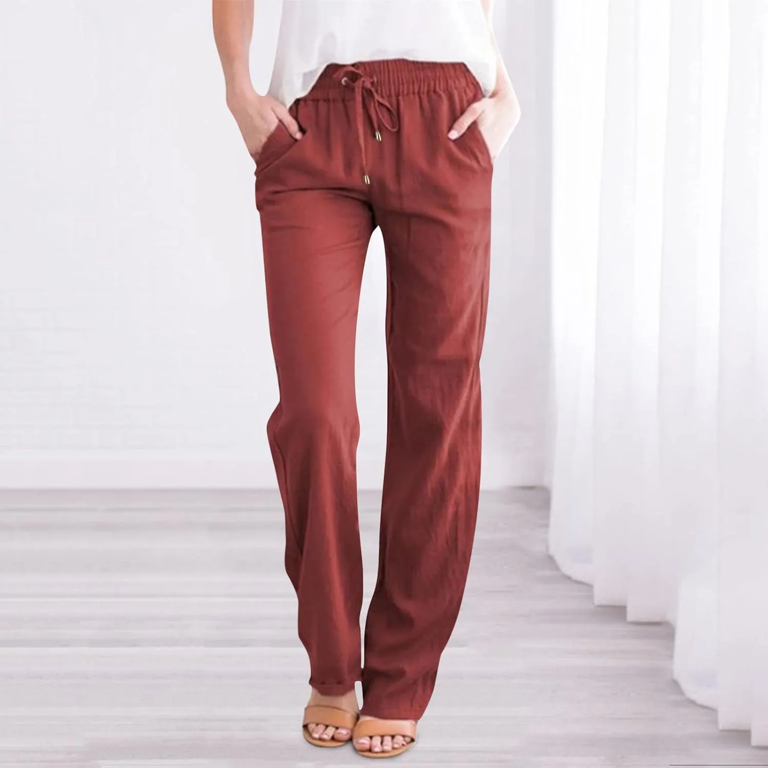 Women's Summer High Waisted Cotton Linen Palazzo Pants Wide Leg Long Ruched Workout Pant Trouser with Pocket