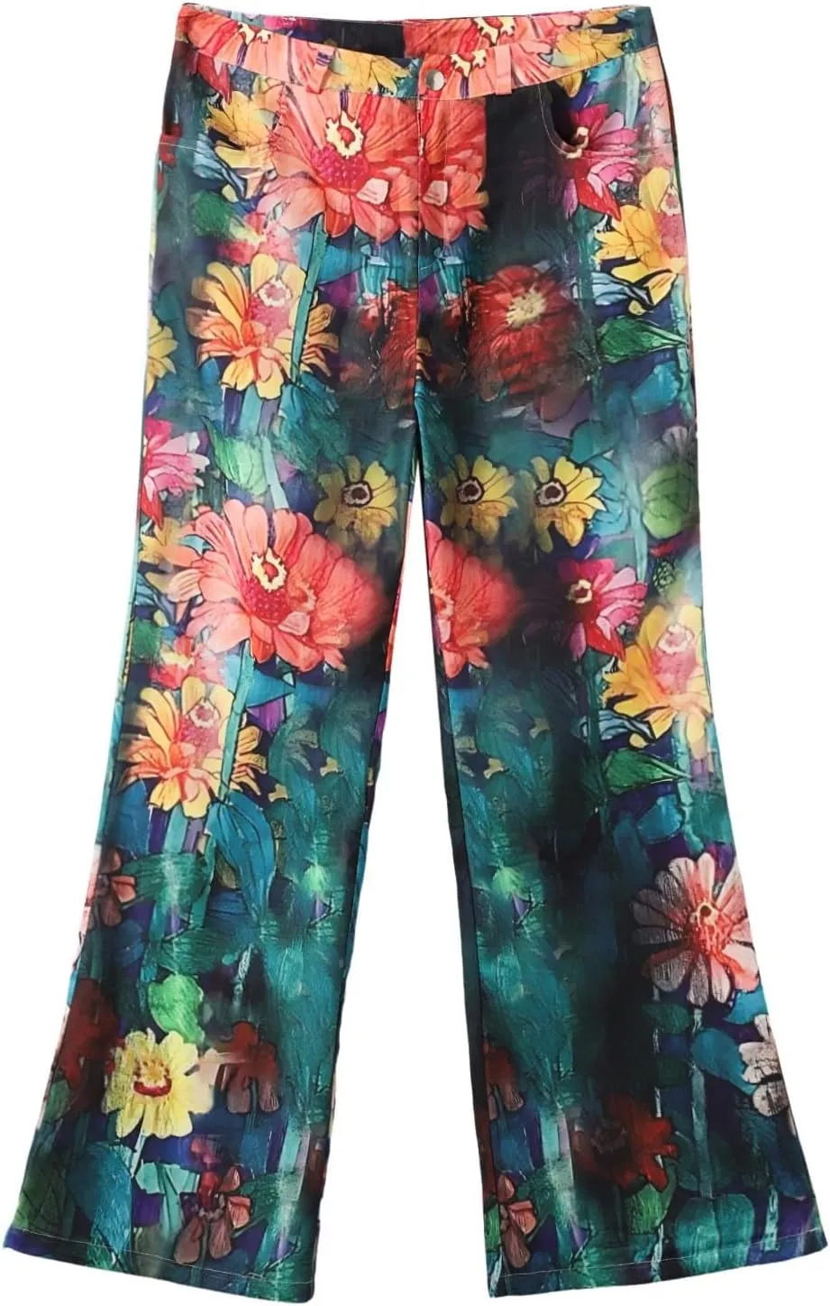 Womens Vintage Wide Leg Fashion High Waisted Casual Denim Pants 90s Floral Printed Pull On Baggy Trousers 3