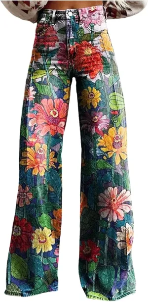 Womens Vintage Wide Leg Fashion High Waisted Casual Denim Pants 90s Floral Printed Pull On Baggy Trousers 3