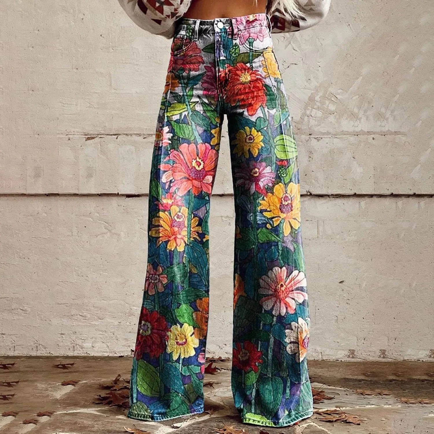 Womens Vintage Wide Leg Fashion High Waisted Casual Denim Pants 90s Floral Printed Pull On Baggy Trousers 3