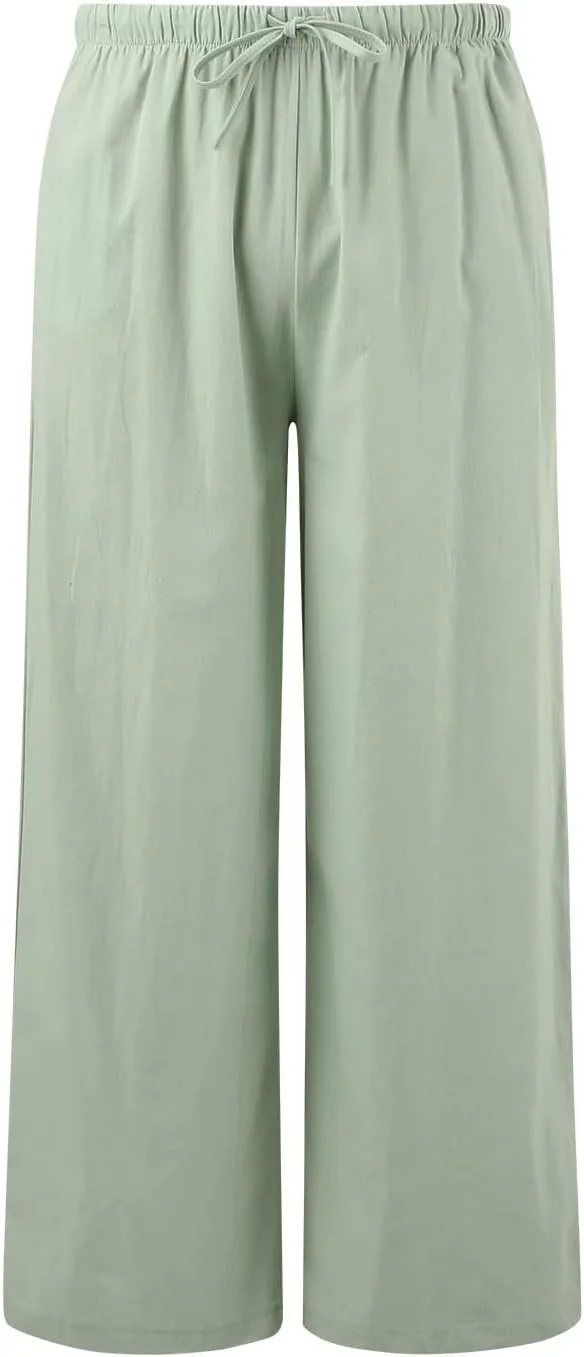 Womens Wide Leg Cotton and Linen Pants Summer High Waist Palazzo Pant Boho Button Trouser with Pockets
