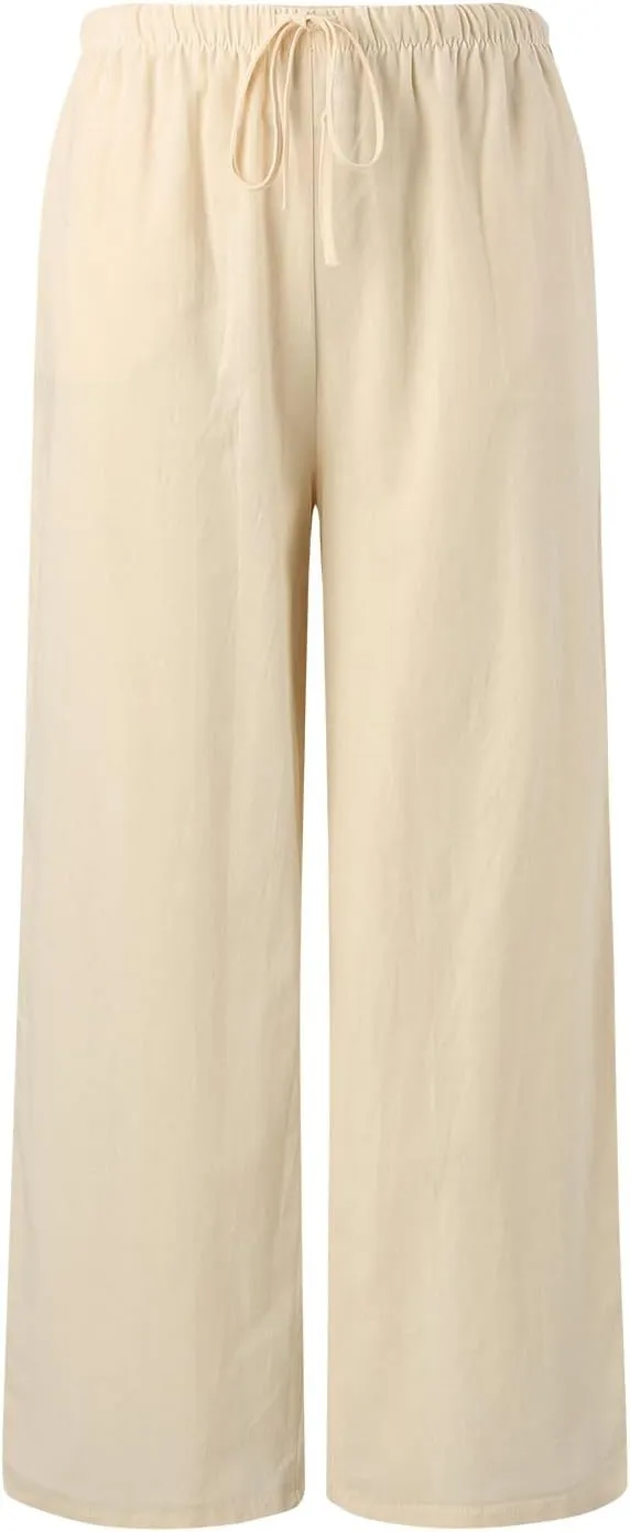 Womens Wide Leg Cotton and Linen Pants Summer High Waist Palazzo Pant Boho Button Trouser with Pockets