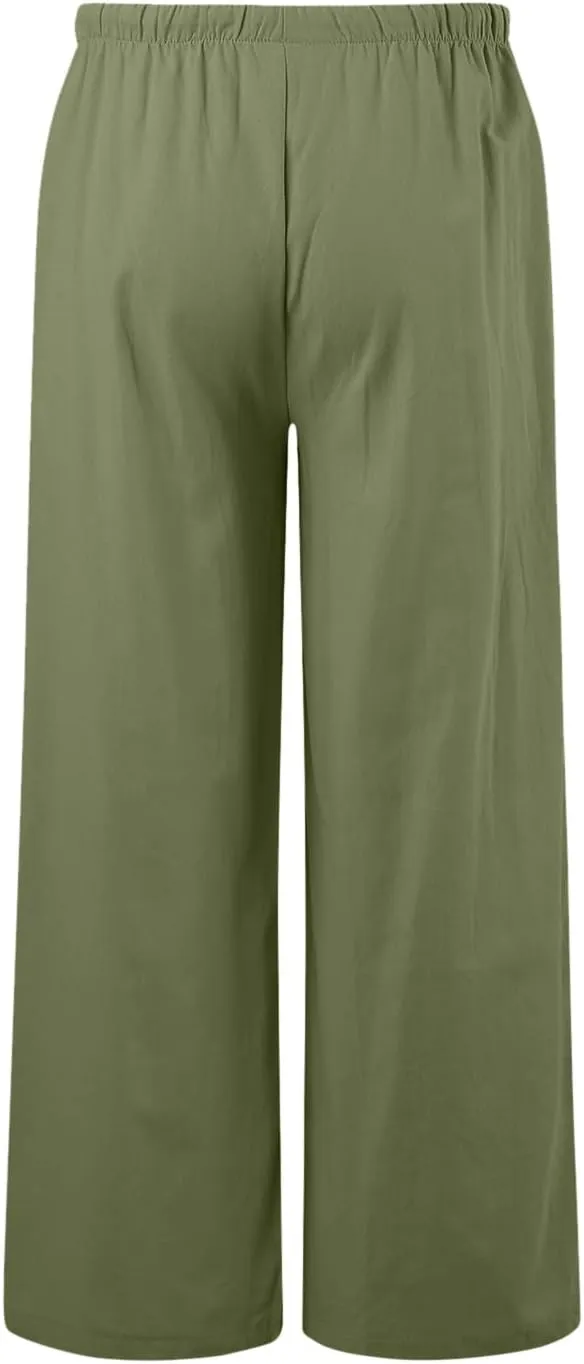 Womens Wide Leg Cotton and Linen Pants Summer High Waist Palazzo Pant Boho Button Trouser with Pockets