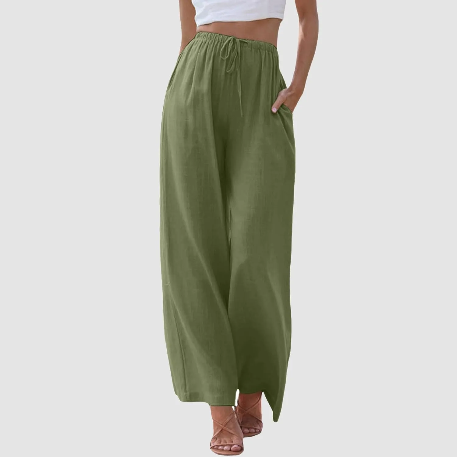 Womens Wide Leg Cotton and Linen Pants Summer High Waist Palazzo Pant Boho Button Trouser with Pockets