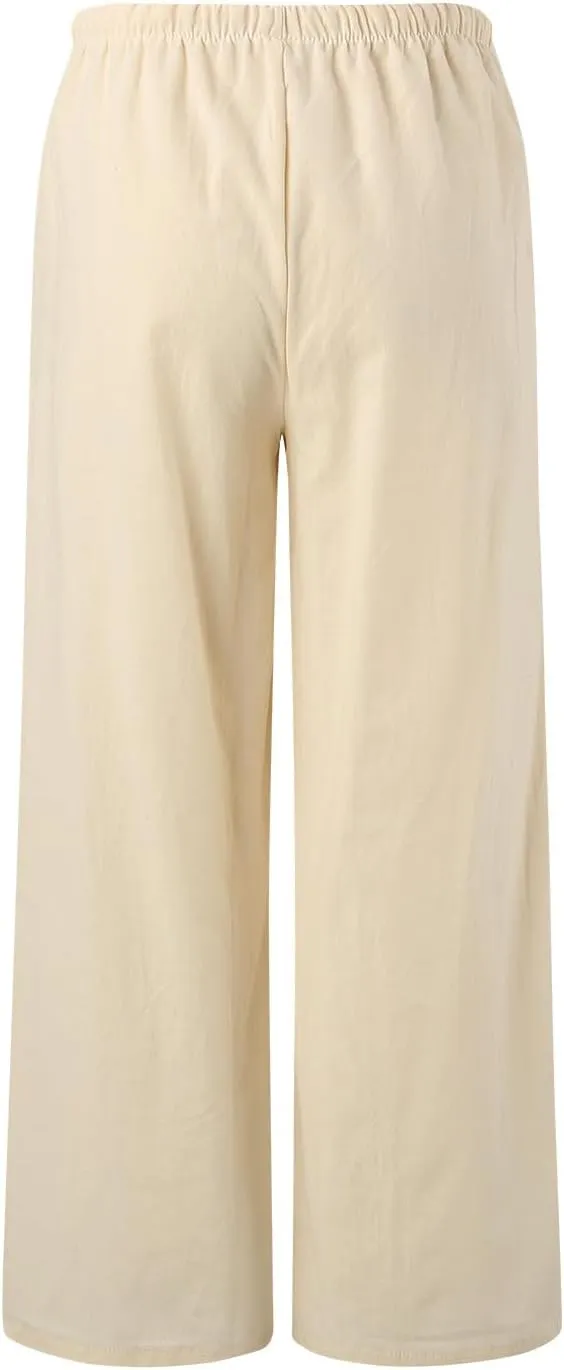 Womens Wide Leg Cotton and Linen Pants Summer High Waist Palazzo Pant Boho Button Trouser with Pockets