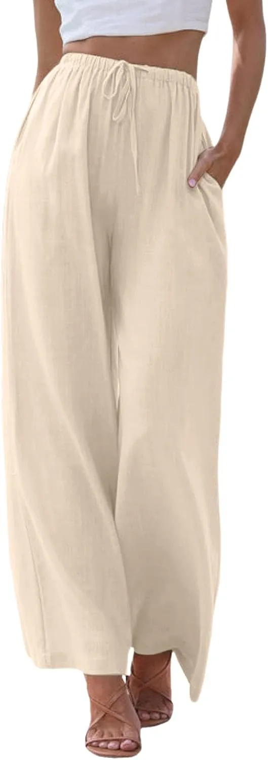 Womens Wide Leg Cotton and Linen Pants Summer High Waist Palazzo Pant Boho Button Trouser with Pockets