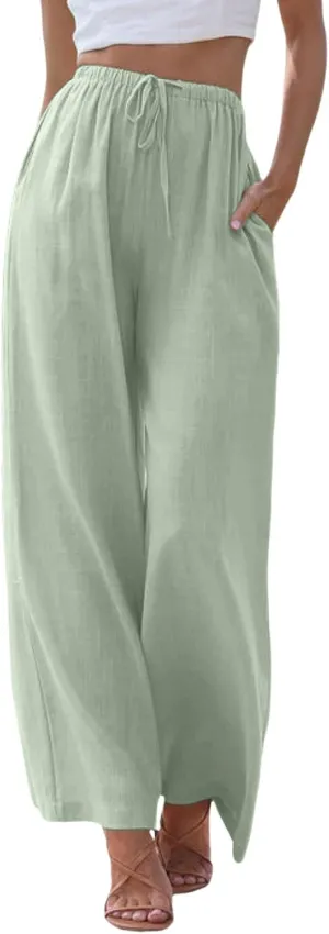 Womens Wide Leg Cotton and Linen Pants Summer High Waist Palazzo Pant Boho Button Trouser with Pockets
