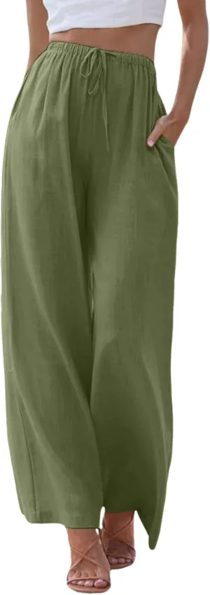 Womens Wide Leg Cotton and Linen Pants Summer High Waist Palazzo Pant Boho Button Trouser with Pockets