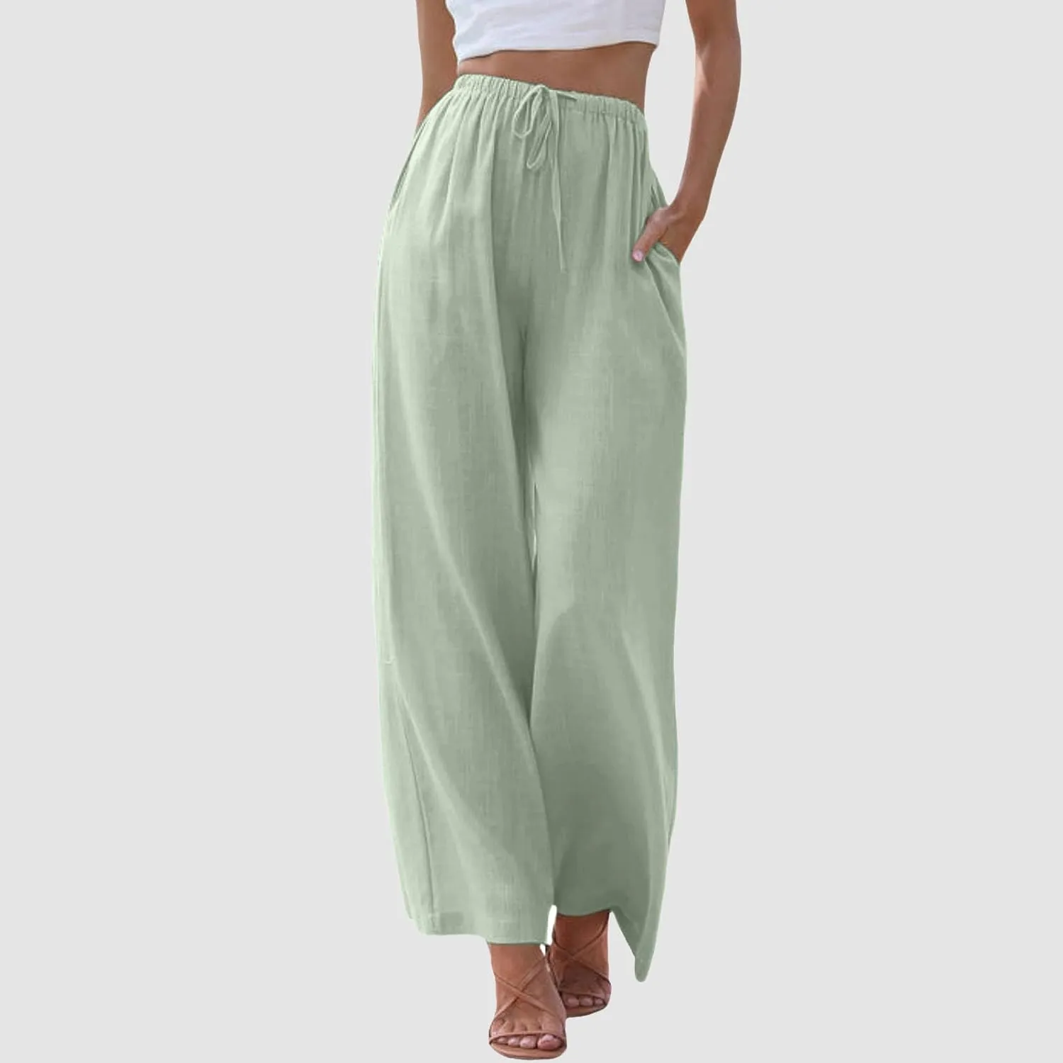 Womens Wide Leg Cotton and Linen Pants Summer High Waist Palazzo Pant Boho Button Trouser with Pockets