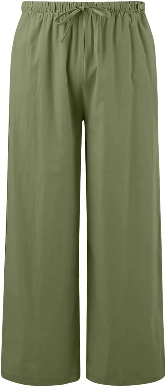Womens Wide Leg Cotton and Linen Pants Summer High Waist Palazzo Pant Boho Button Trouser with Pockets