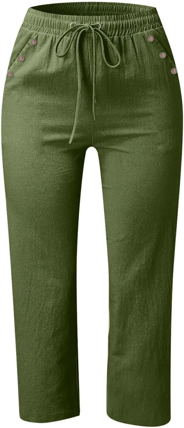Womens Wide Leg Linen Pants Beach Casual High Elastic Waisted Palazzo Pant Suit Tie Side Trouser with Pocket