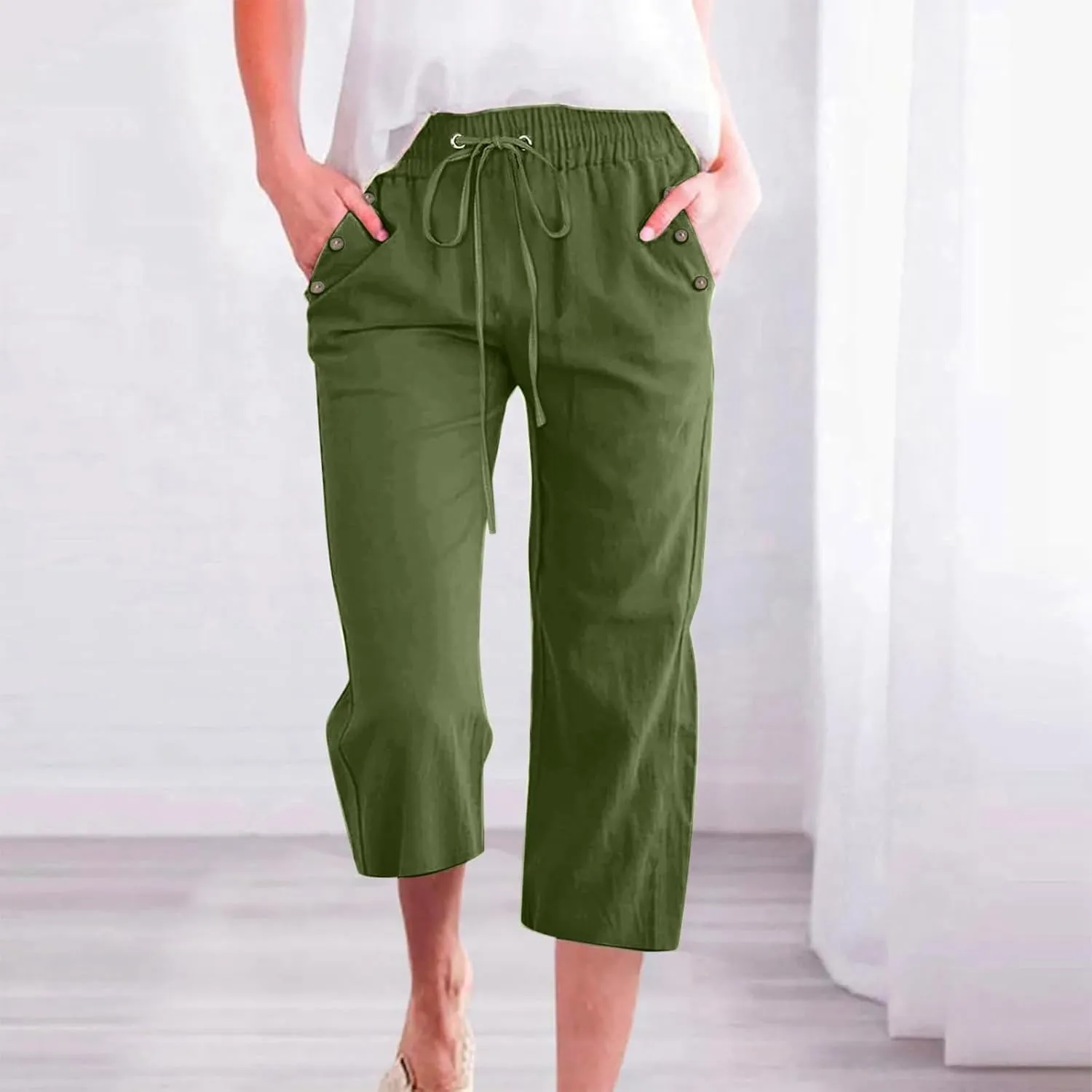 Womens Wide Leg Linen Pants Beach Casual High Elastic Waisted Palazzo Pant Suit Tie Side Trouser with Pocket