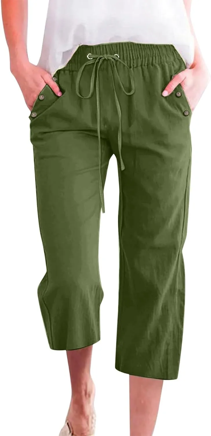 Womens Wide Leg Linen Pants Beach Casual High Elastic Waisted Palazzo Pant Suit Tie Side Trouser with Pocket