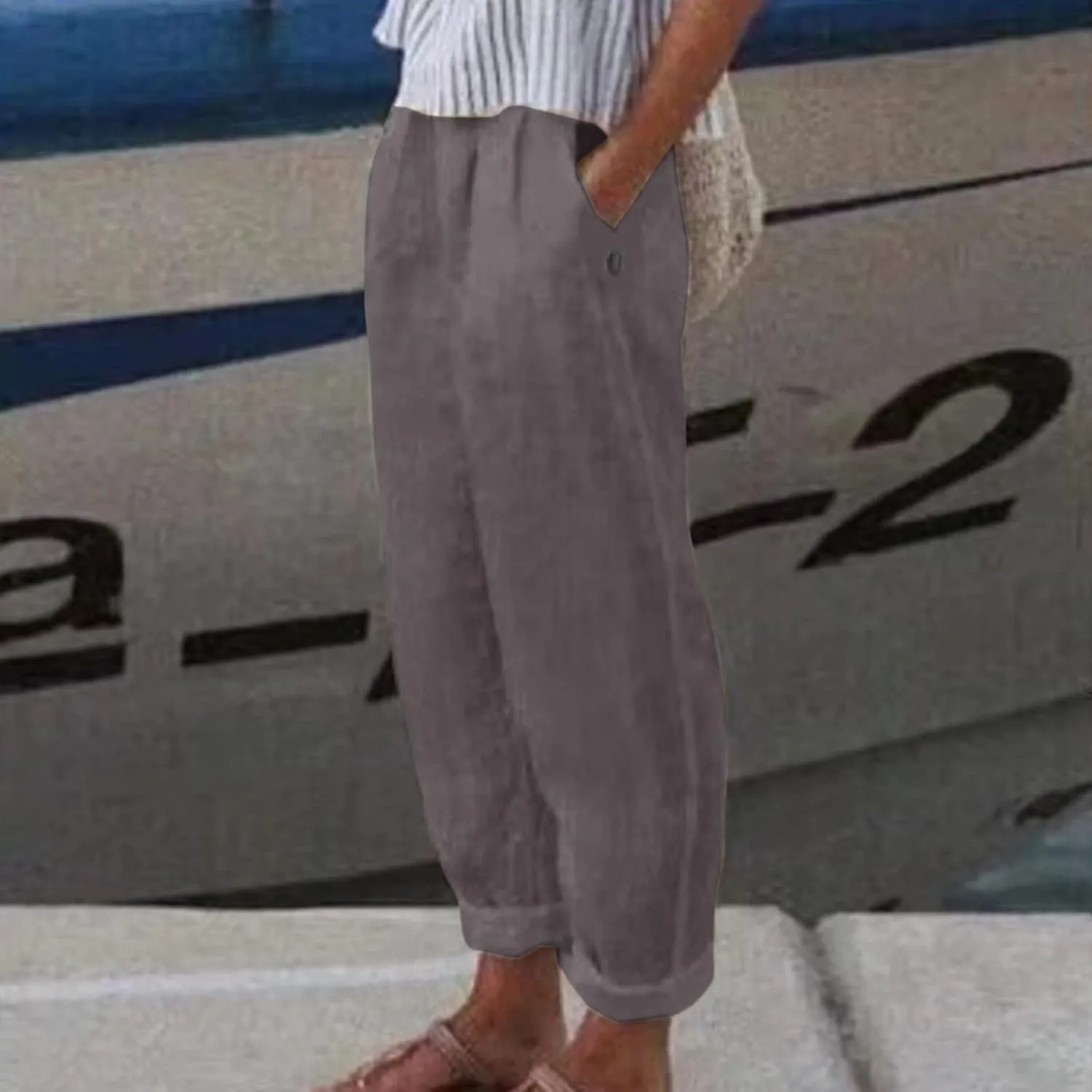 Womens Wide Leg Linen Pants Summer Dressy Elastic High Waist Palazzo Pant Yoga Loose Flowy Trouser with Pocket