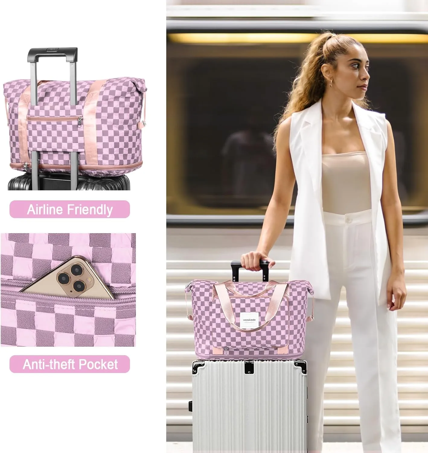 WOOMADA Foldable Travel Duffel, Weekender & Carry-On Bag with Expandable Space